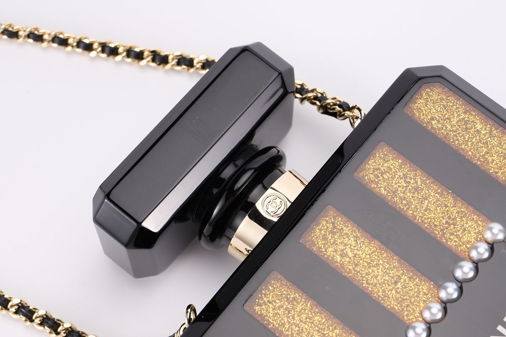 CHANEL - Chanel Balck/Gold Plexiglass Perfume Bottle Evening Bag