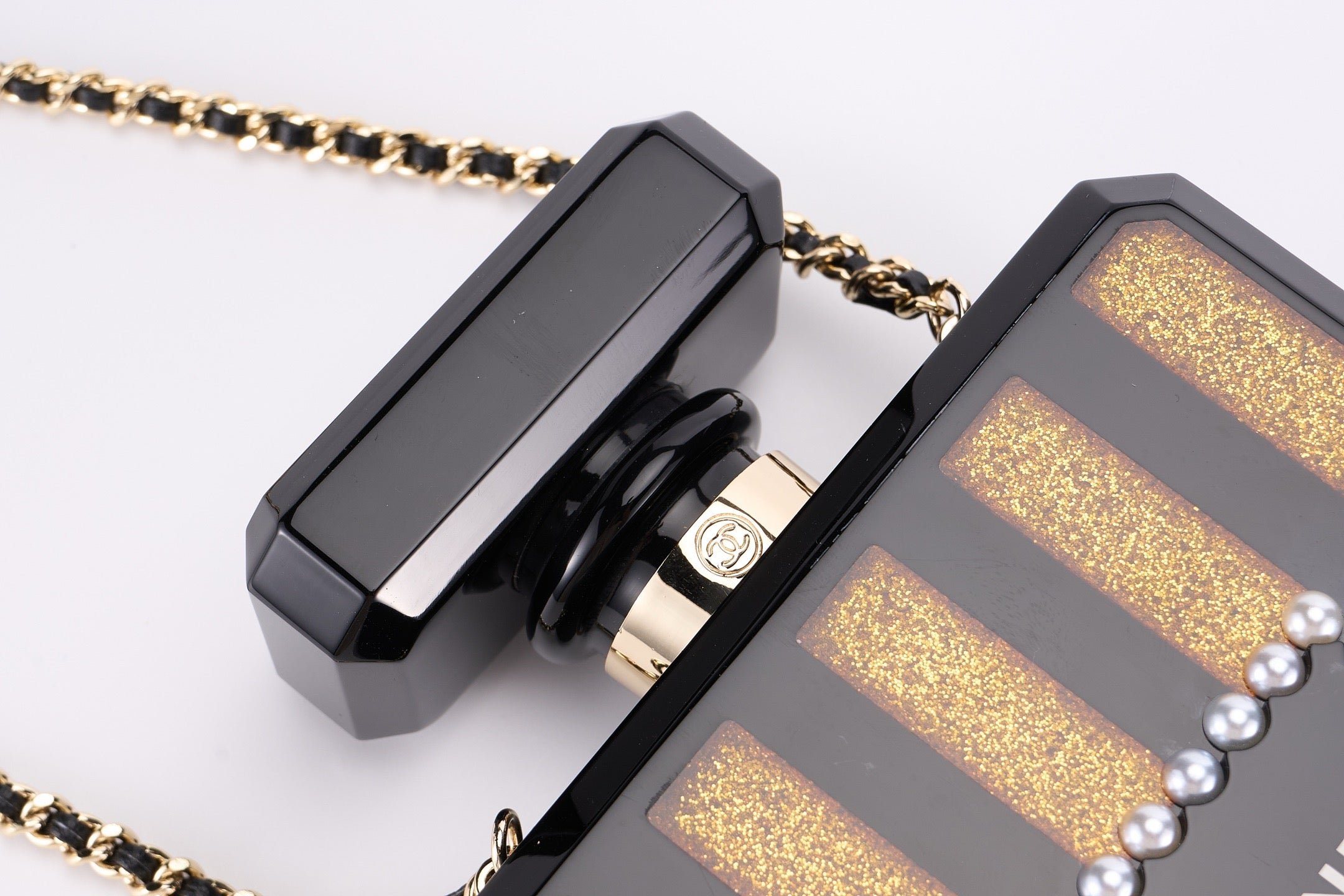 CHANEL - Chanel Balck/Gold Plexiglass Perfume Bottle Evening Bag