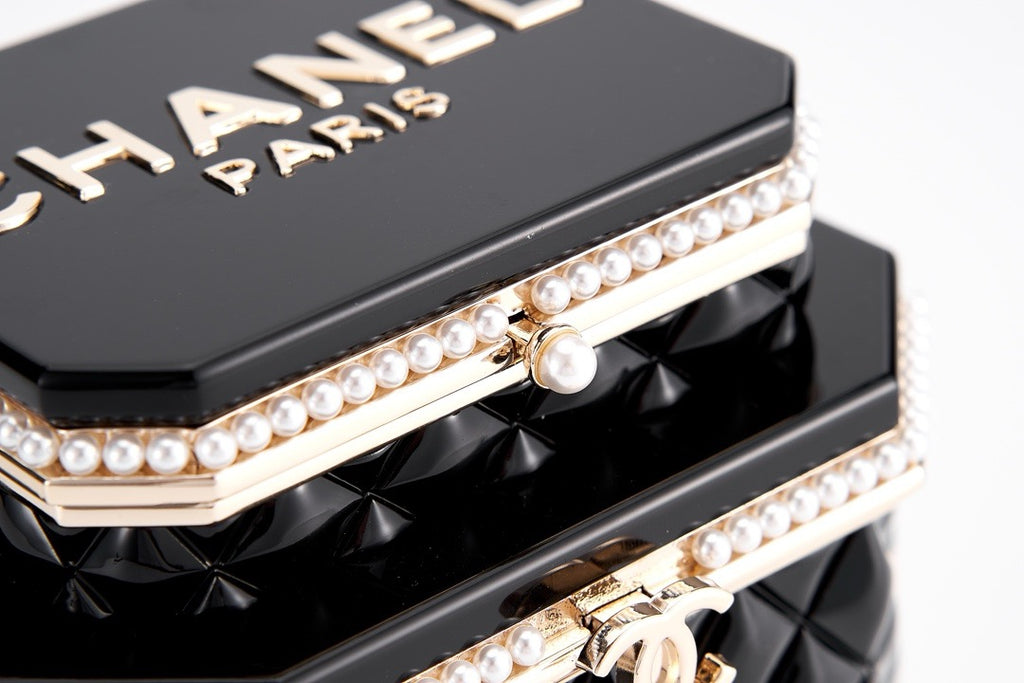 CHANEL - Limited Edition Black Quilted Resin Tea Box Minaudiere Imitation Pearl and Gold Hardware, 2024