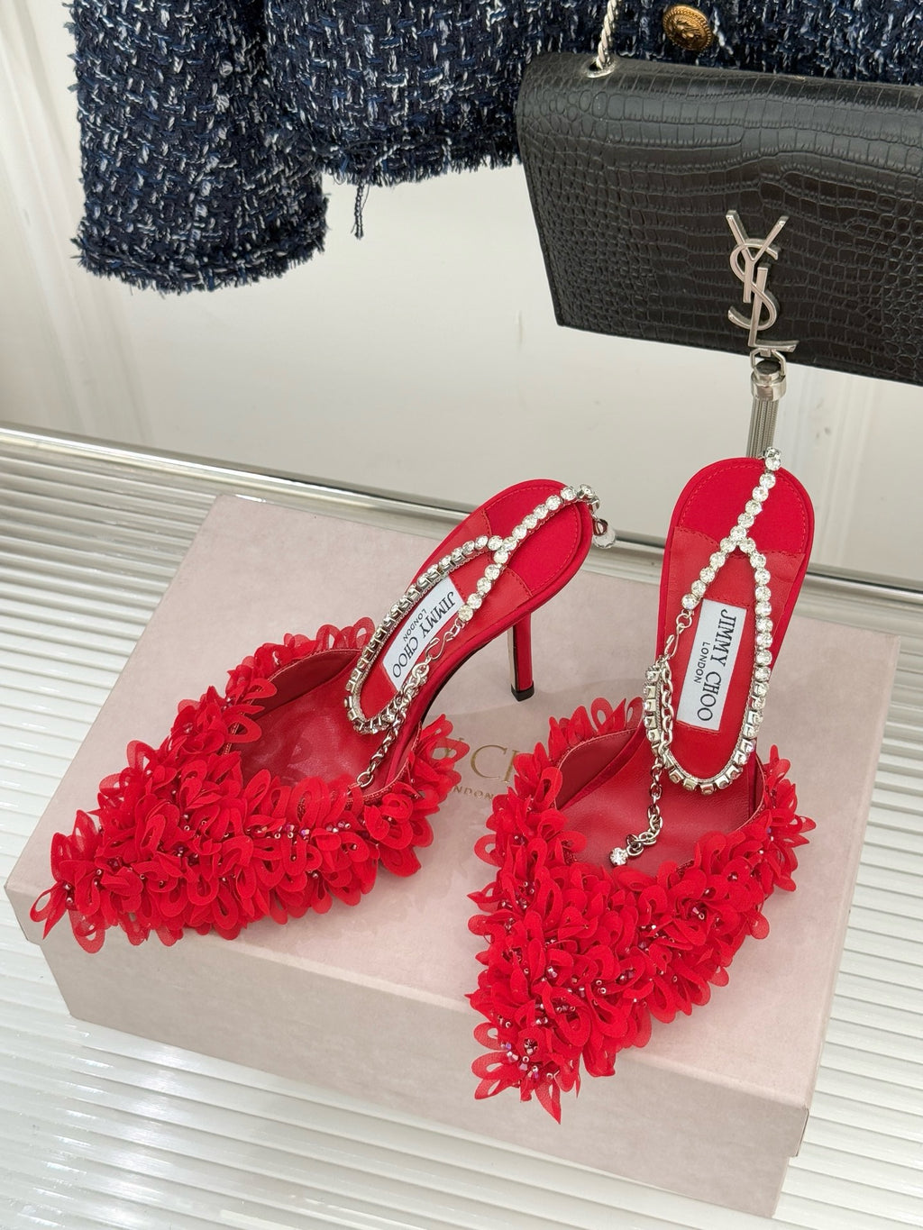 JIMMY CHOO - Mesh Pumps with Petal Embroidery and Crystal Chain