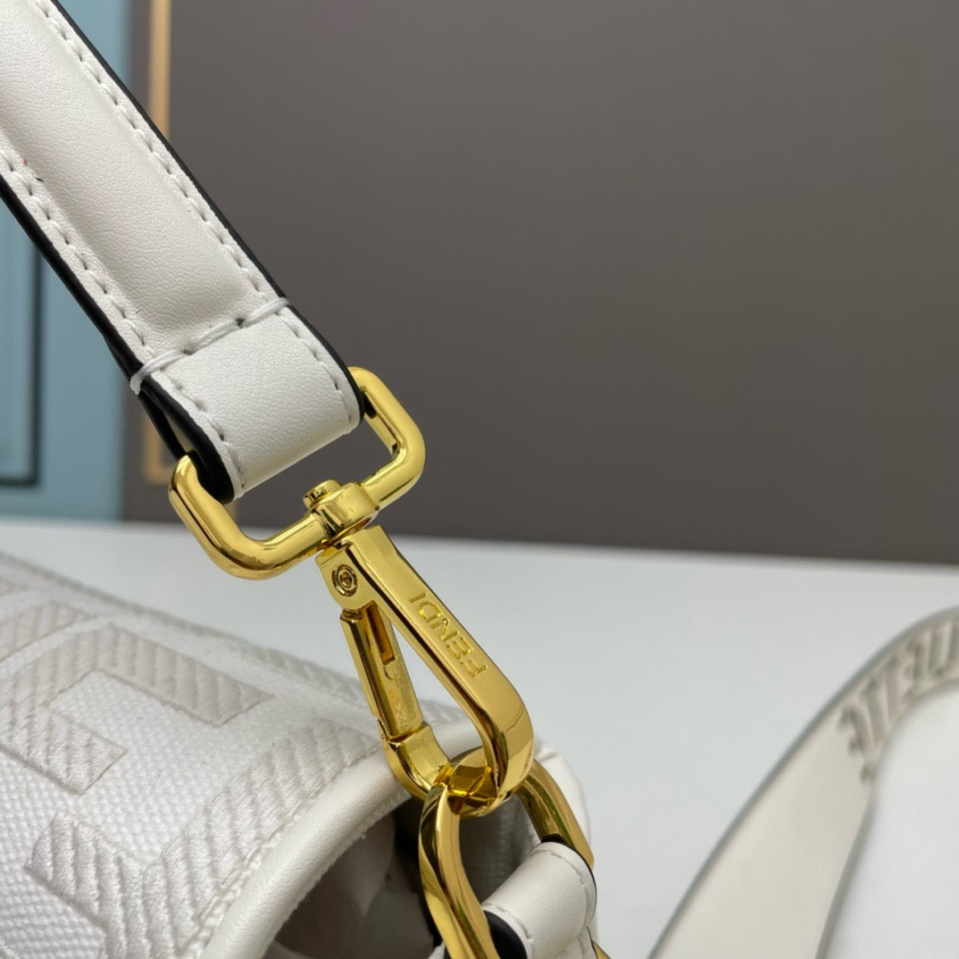 FENDI - Extra Baby white FF Cotton Canvas Medium Baguette Bag