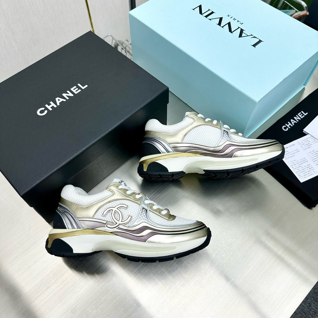 CHANEL - Fabric Laminated Calfskin Stretch CC Sneakers 38 White Gold Silver