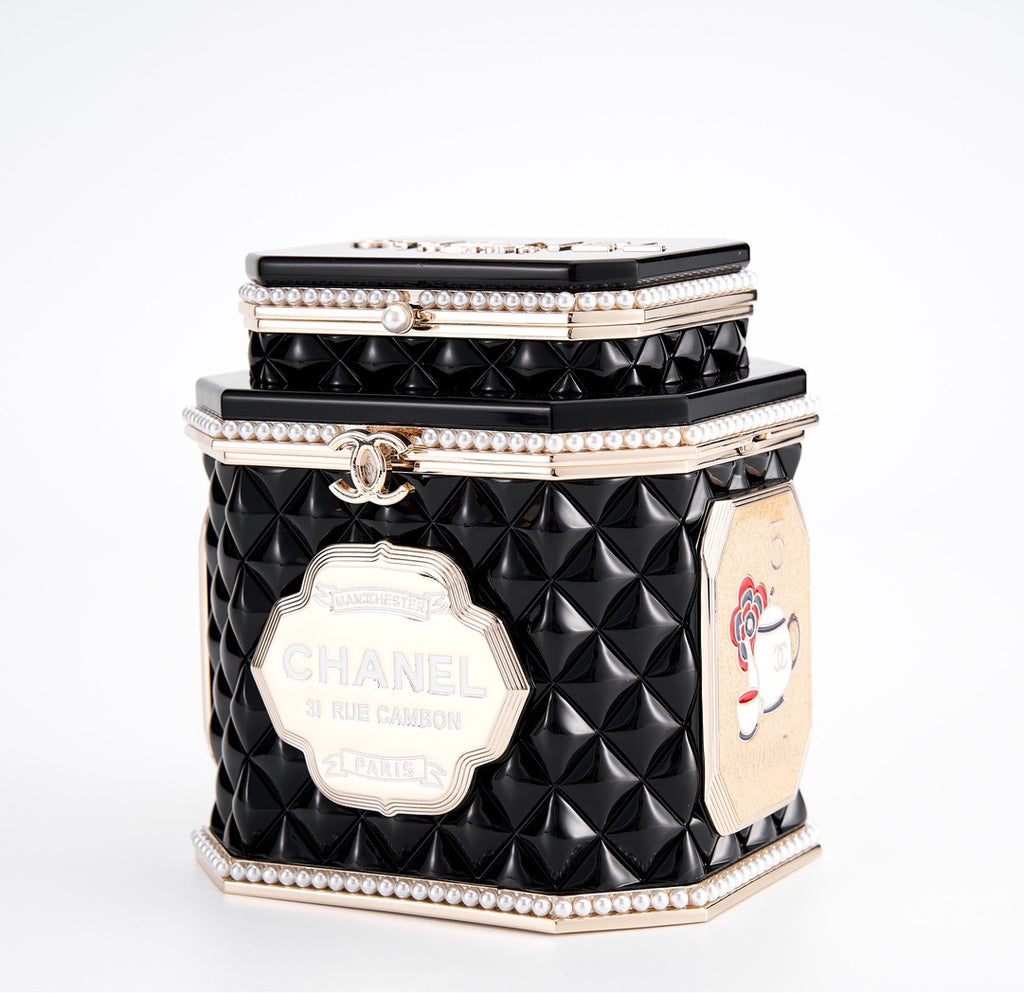 CHANEL - Limited Edition Black Quilted Resin Tea Box Minaudiere Imitation Pearl and Gold Hardware, 2024