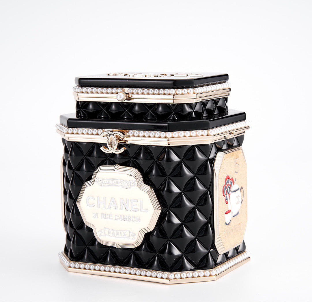 CHANEL - Limited Edition Black Quilted Resin Tea Box Minaudiere Imitation Pearl and Gold Hardware, 2024
