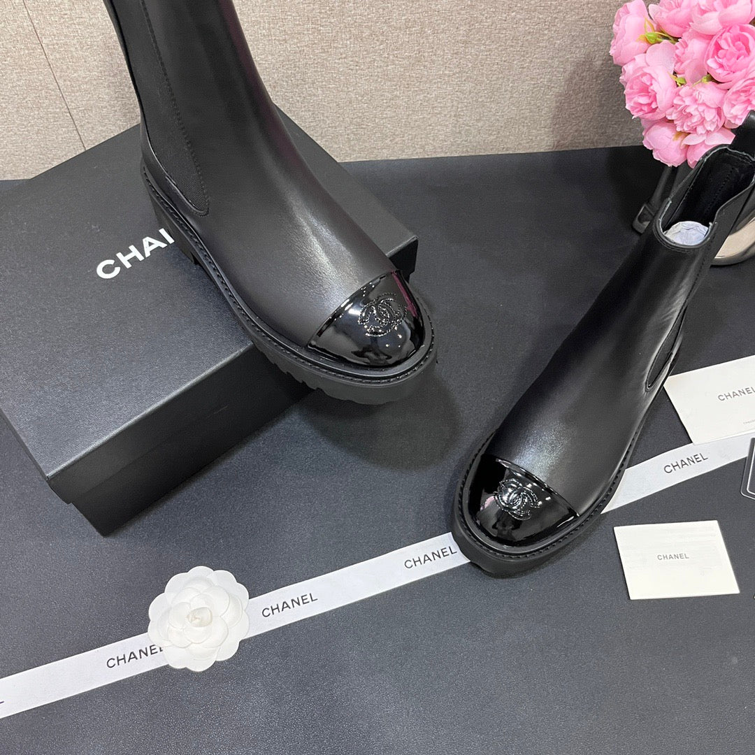 CHANEL - Crumpled Calfskin Patent Cap Toe Short Boots