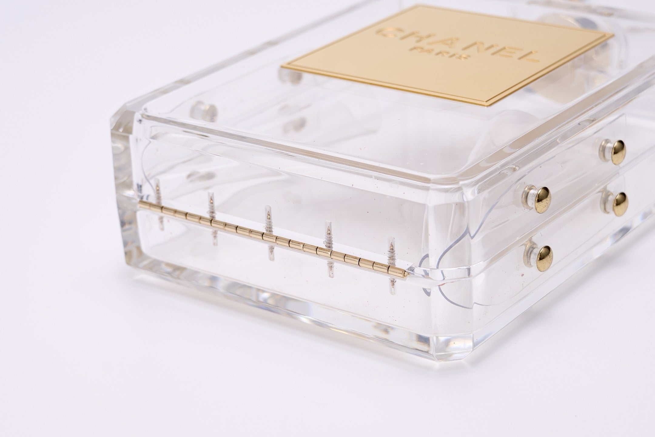 CHANEL - Chanel Clear/Gold Plexiglass Perfume Bottle Evening Bag