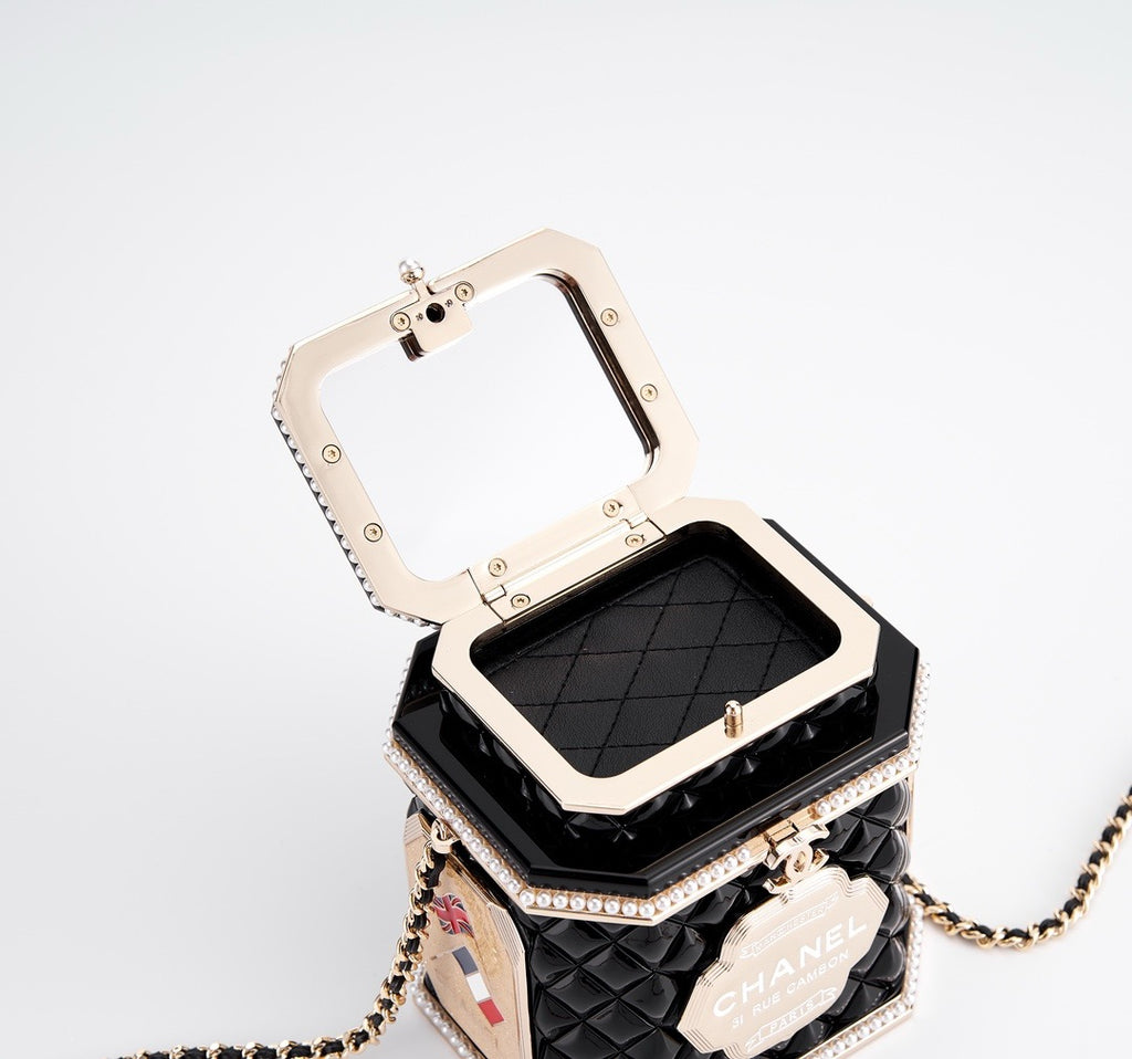 CHANEL - Limited Edition Black Quilted Resin Tea Box Minaudiere Imitation Pearl and Gold Hardware, 2024