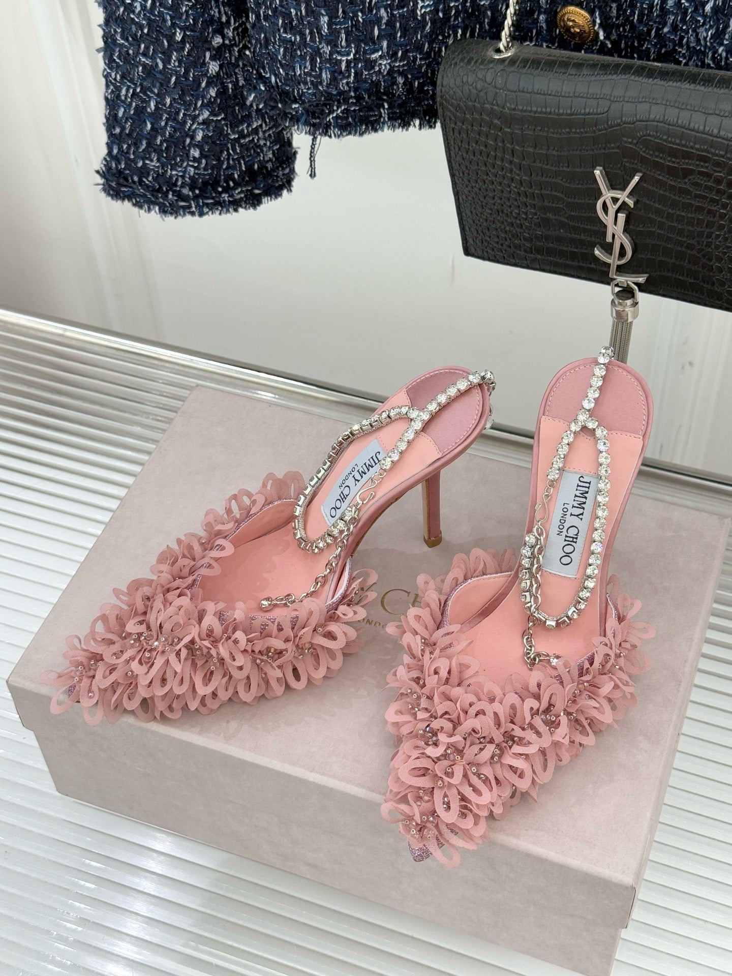 JIMMY CHOO - Mesh Pumps with Petal Embroidery and Crystal Chain