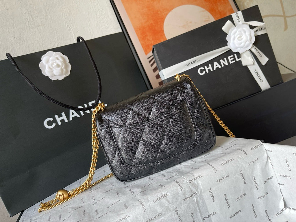 CHANE - Caviar Quilted mini Sweetheart Rectangular Flap Black