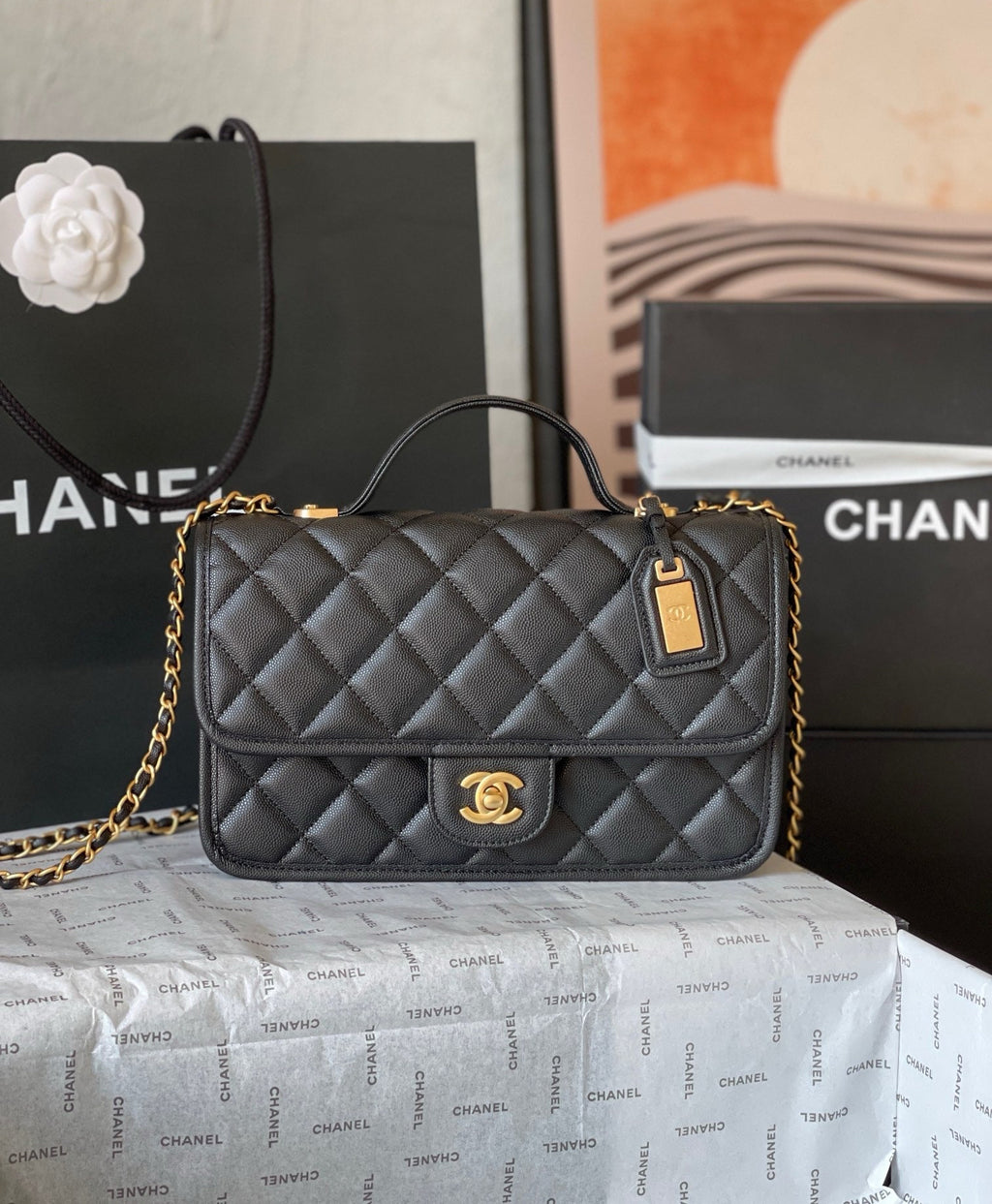 CHANE - School Memory Top Handle Flap Bag Quilted Caviar