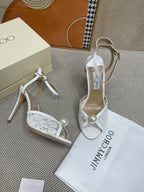 JIMMY CHOO - Women’s Ivory Floral Lace Sandals with Pearl