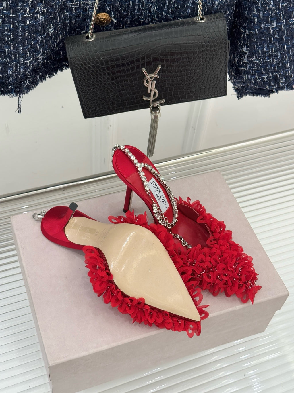 JIMMY CHOO - Mesh Pumps with Petal Embroidery and Crystal Chain
