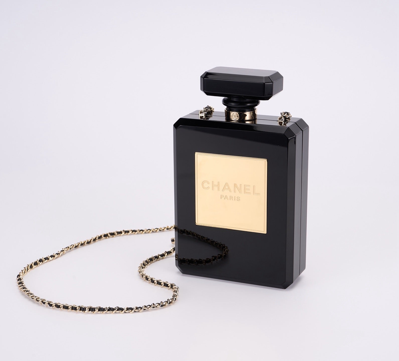 CHANEL - Chanel Balck/Gold Plexiglass Perfume Bottle Evening Bag