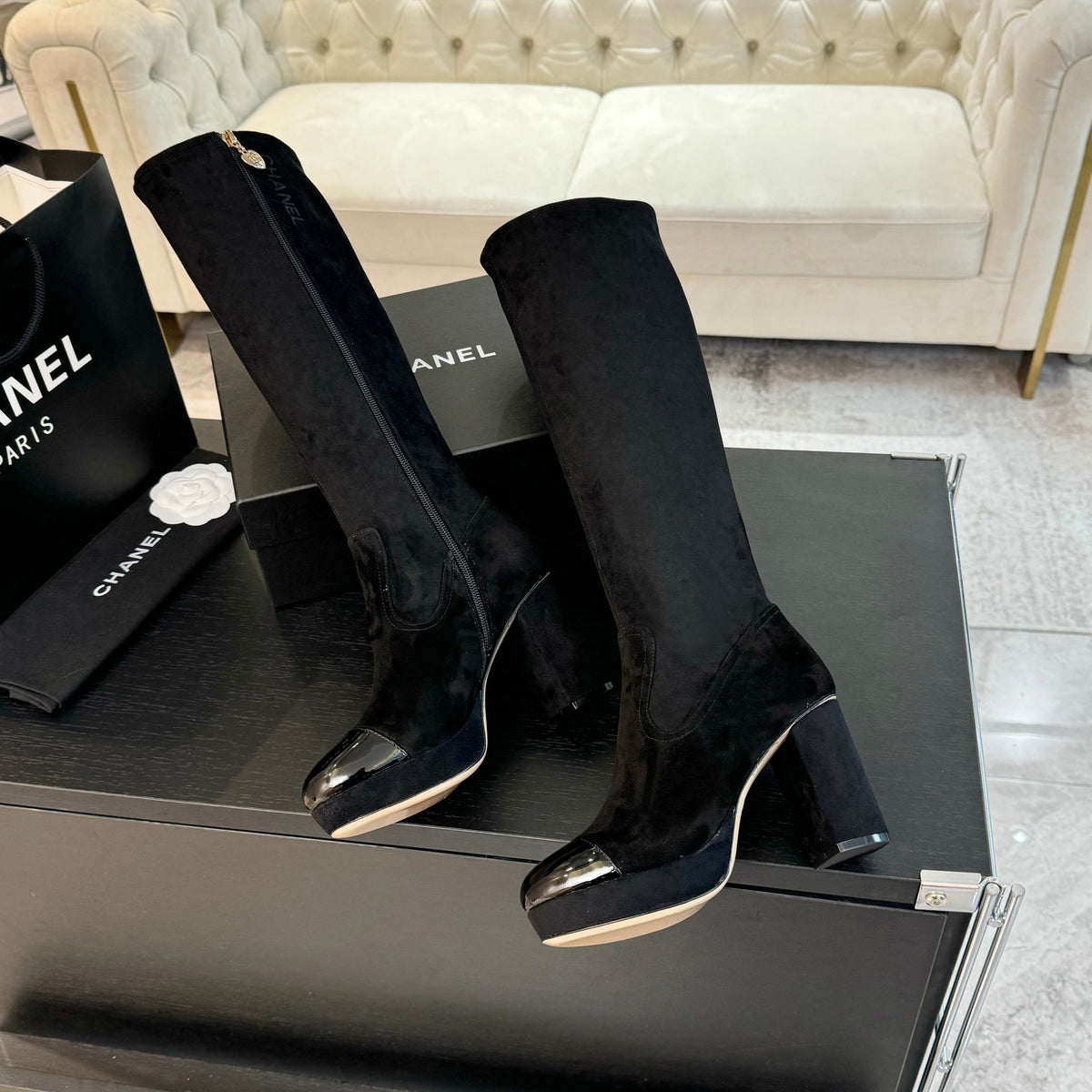 CHANEL - Block Heel Knee-High Boots