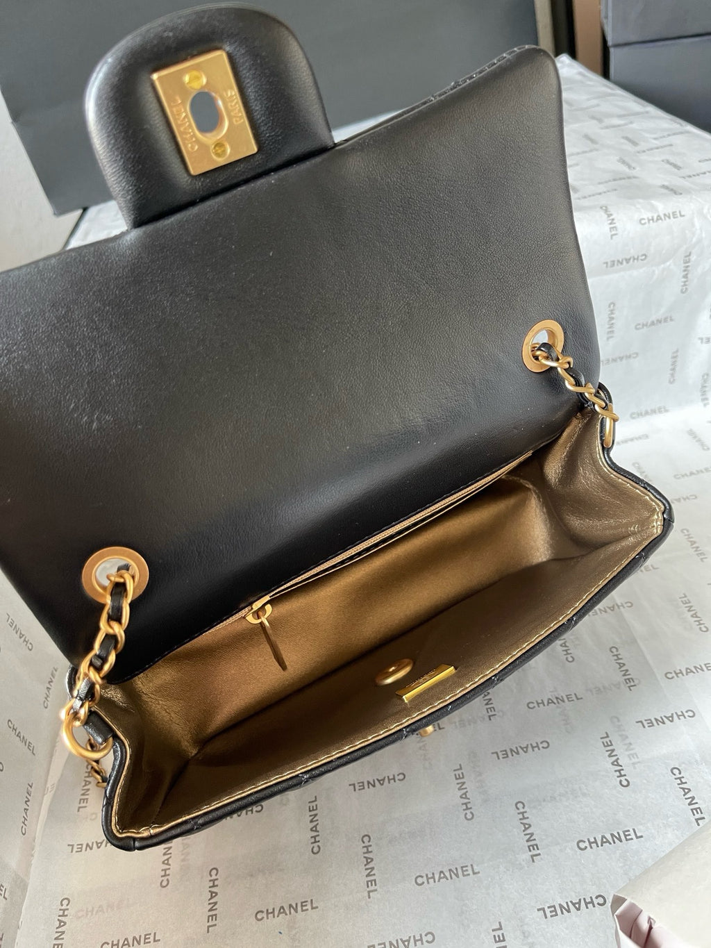 CHANEL - 24K Black Lambskin Pearl Crush Rectangular Classic Flap
