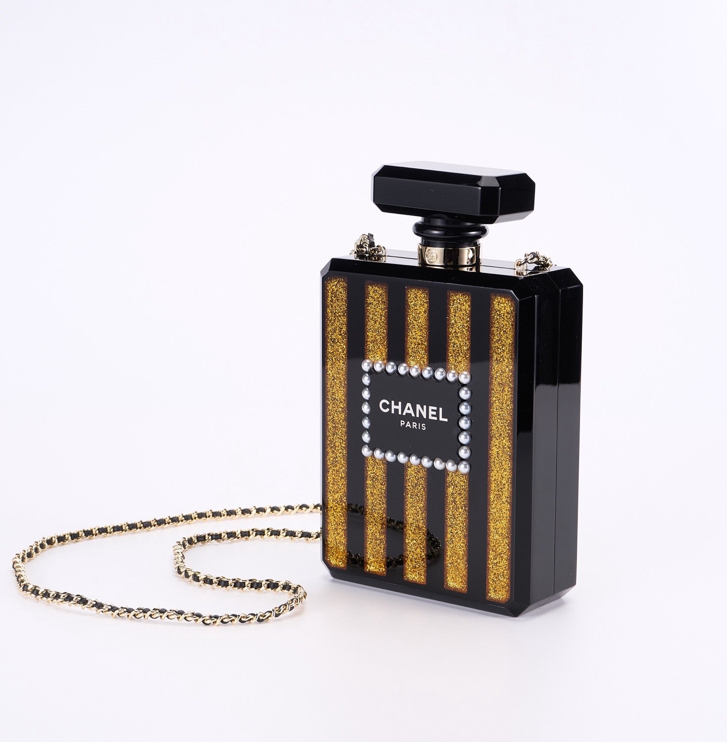 CHANEL - Chanel Balck/Gold Plexiglass Perfume Bottle Evening Bag