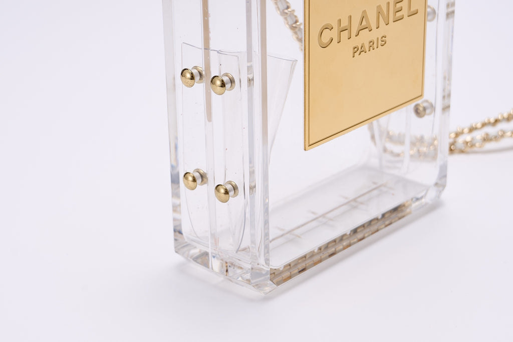 CHANEL - Chanel Clear/Gold Plexiglass Perfume Bottle Evening Bag
