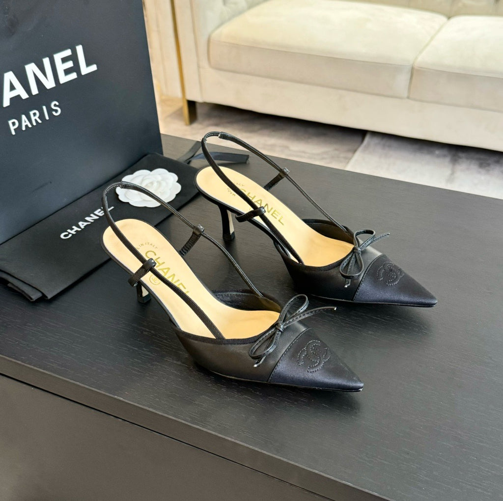 CHANEL - Vintage Iconic "CC"  Black Toe Cap Slingback Heels