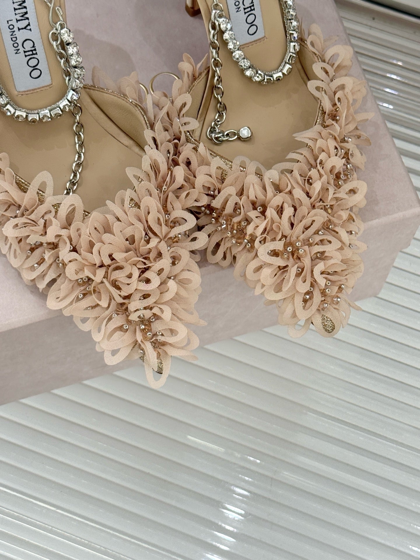 JIMMY CHOO - Mesh Pumps with Petal Embroidery and Crystal Chain