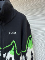 GUCCI  - Men's Black Wool Jacquard Zip Jacket With Intarsia