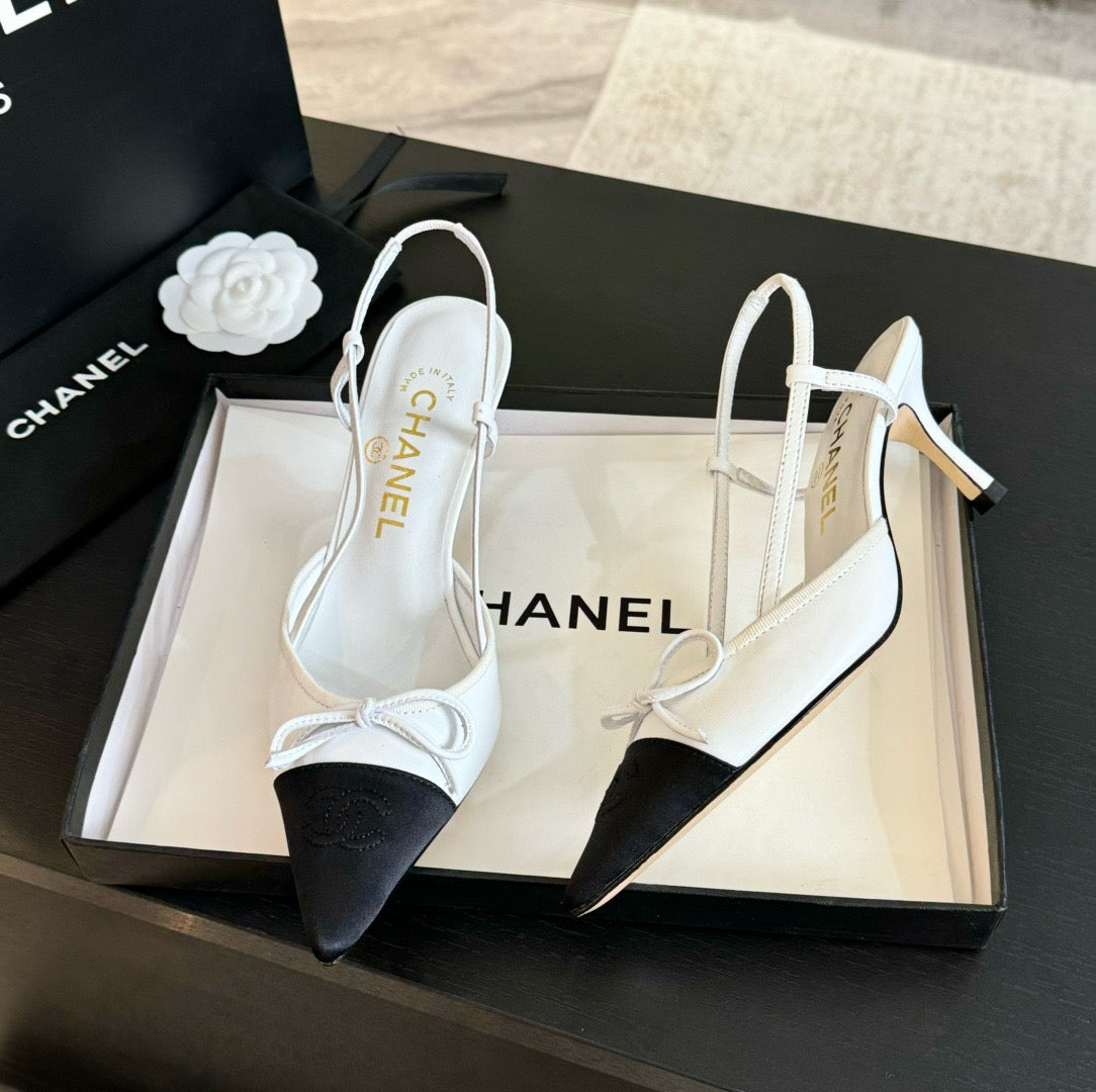CHANEL - Vintage Iconic "CC" White & Black Toe Cap Slingback Heels