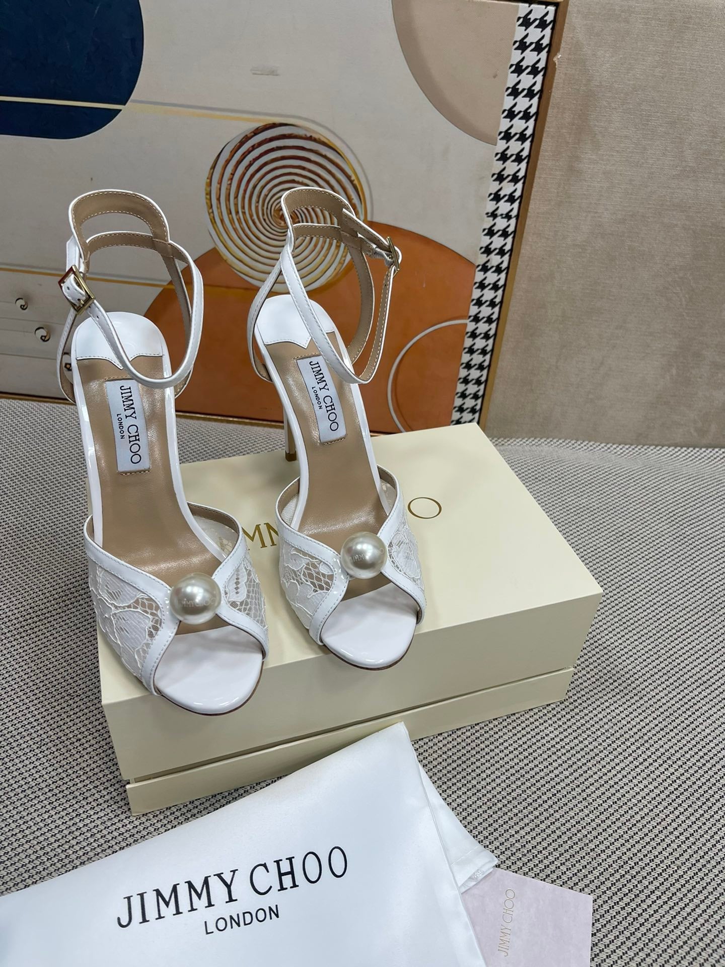 JIMMY CHOO - Ivory Floral Lace Sandals with Pearl