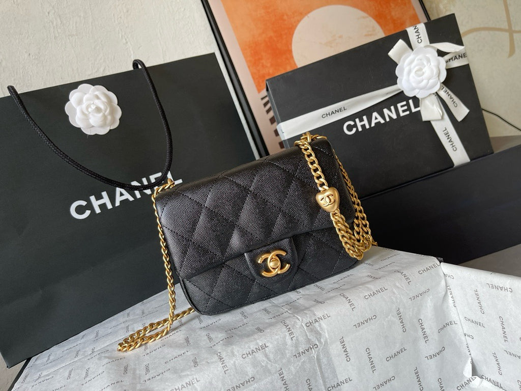 CHANE - Caviar Quilted mini Sweetheart Rectangular Flap Black