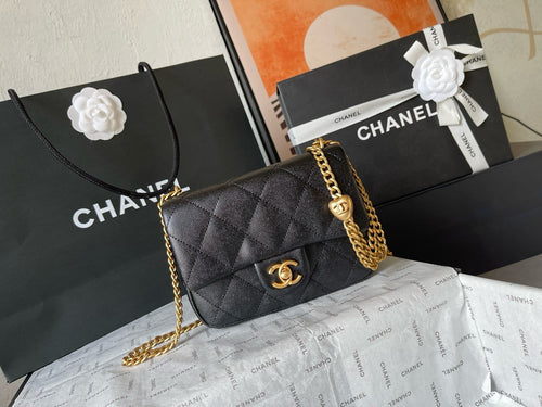 CHANE - Caviar Quilted mini Sweetheart Rectangular Flap Black