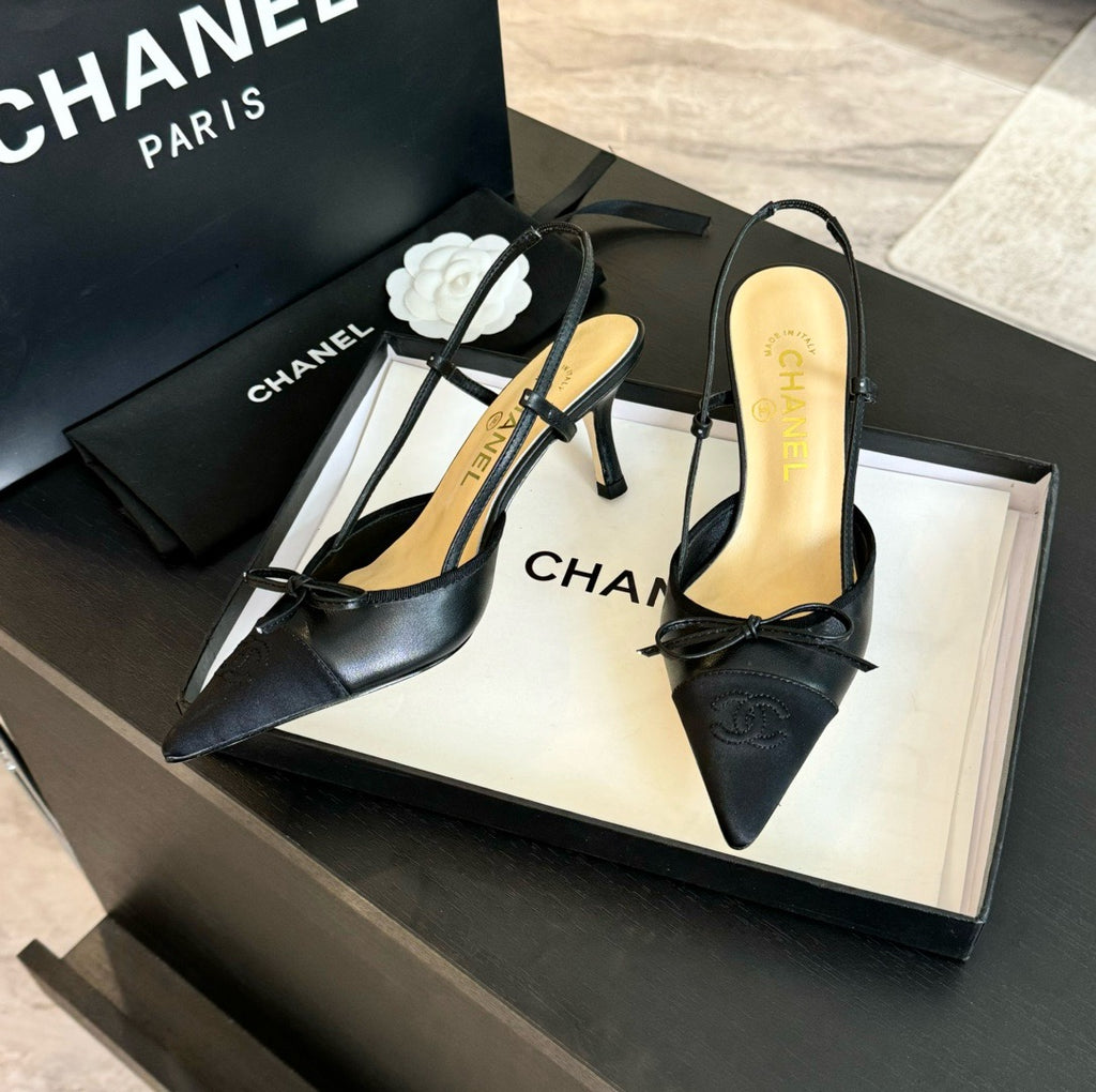 CHANEL - Vintage Iconic "CC"  Black Toe Cap Slingback Heels