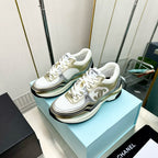 CHANEL - Fabric Laminated Calfskin Stretch CC Sneakers 38 White Gold Silver