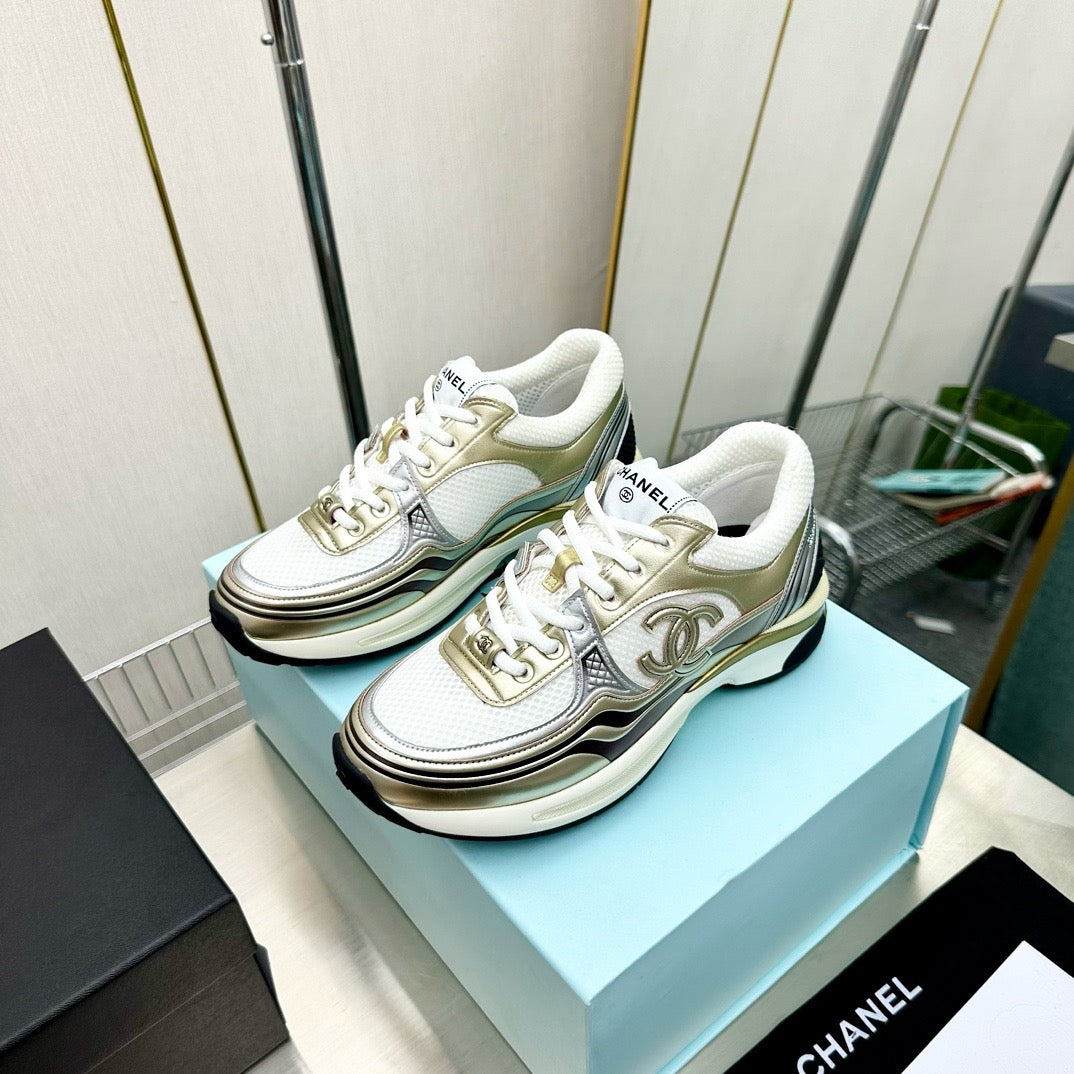 CHANEL - Fabric Laminated Calfskin Stretch CC Sneakers 38 White Gold Silver