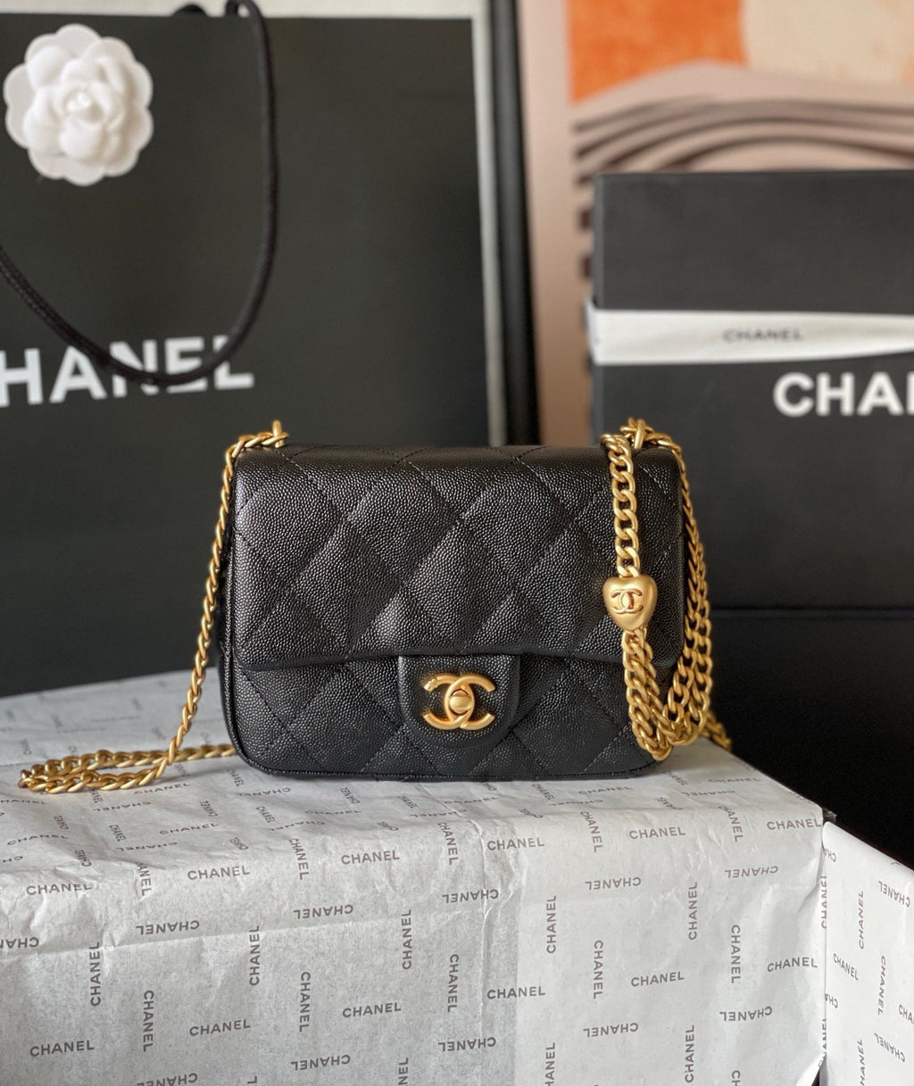 CHANE - Caviar Quilted mini Sweetheart Rectangular Flap Black