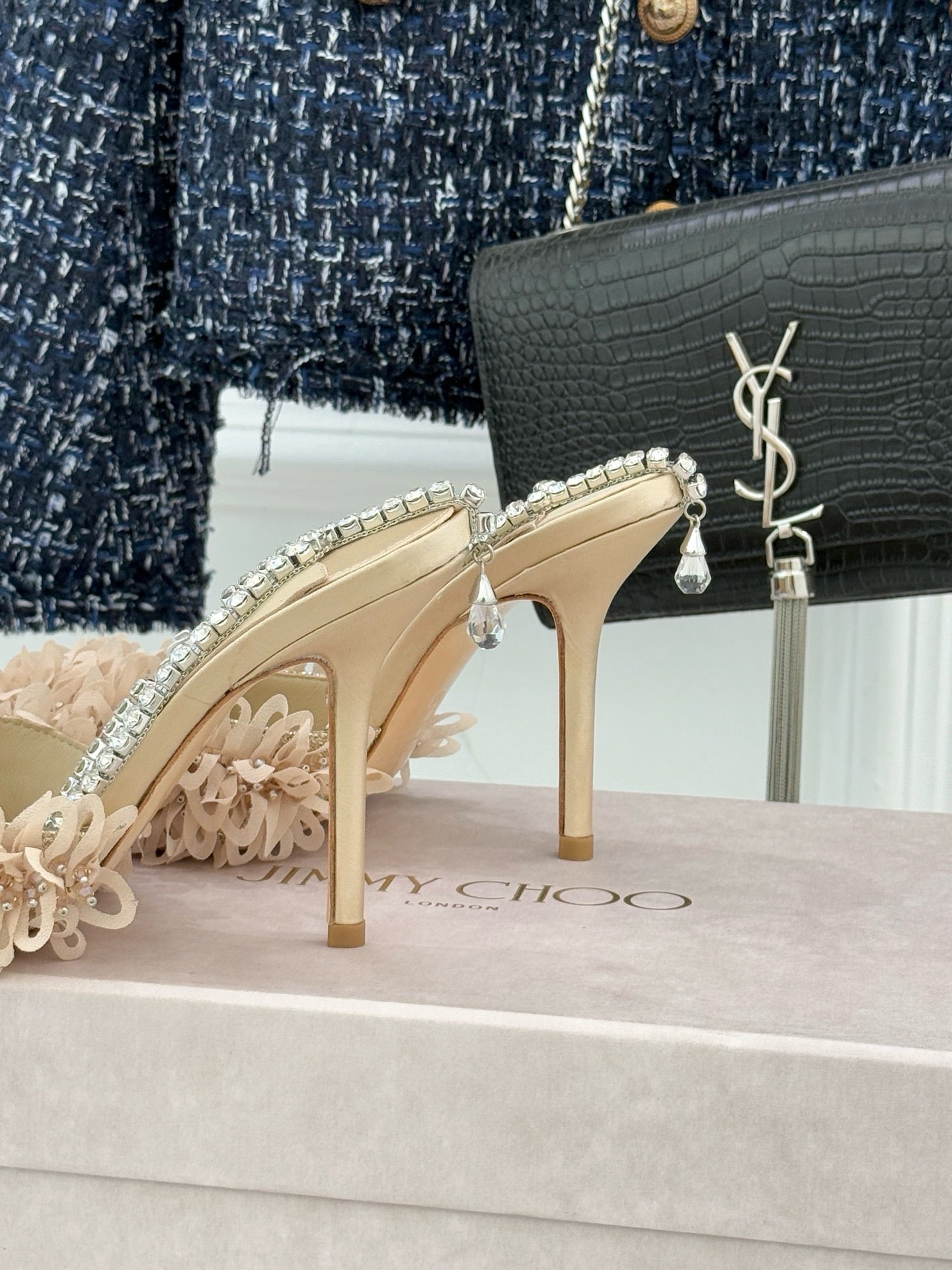 JIMMY CHOO - Mesh Pumps with Petal Embroidery and Crystal Chain