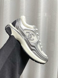 CHANEL - Fabric Laminated Calfskin Stretch CC Sneakers 38 White Silver