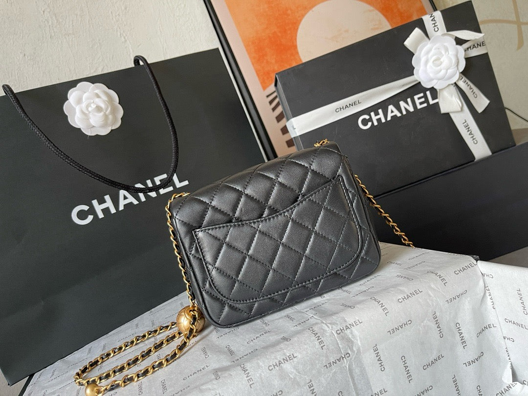 CHANE - 24K Black Lambskin Pearl Crush Rectangular Mini Classic Flap