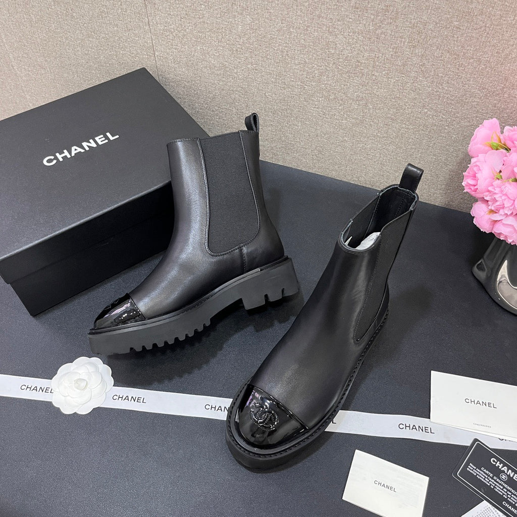 CHANEL - Crumpled Calfskin Patent Cap Toe Short Boots