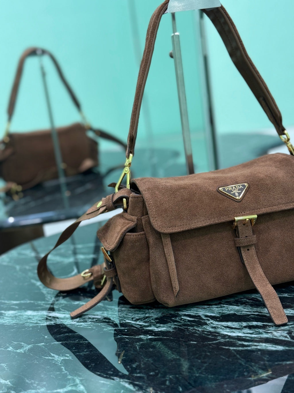 PRADA - Explore medium suede shoulder bag with flap