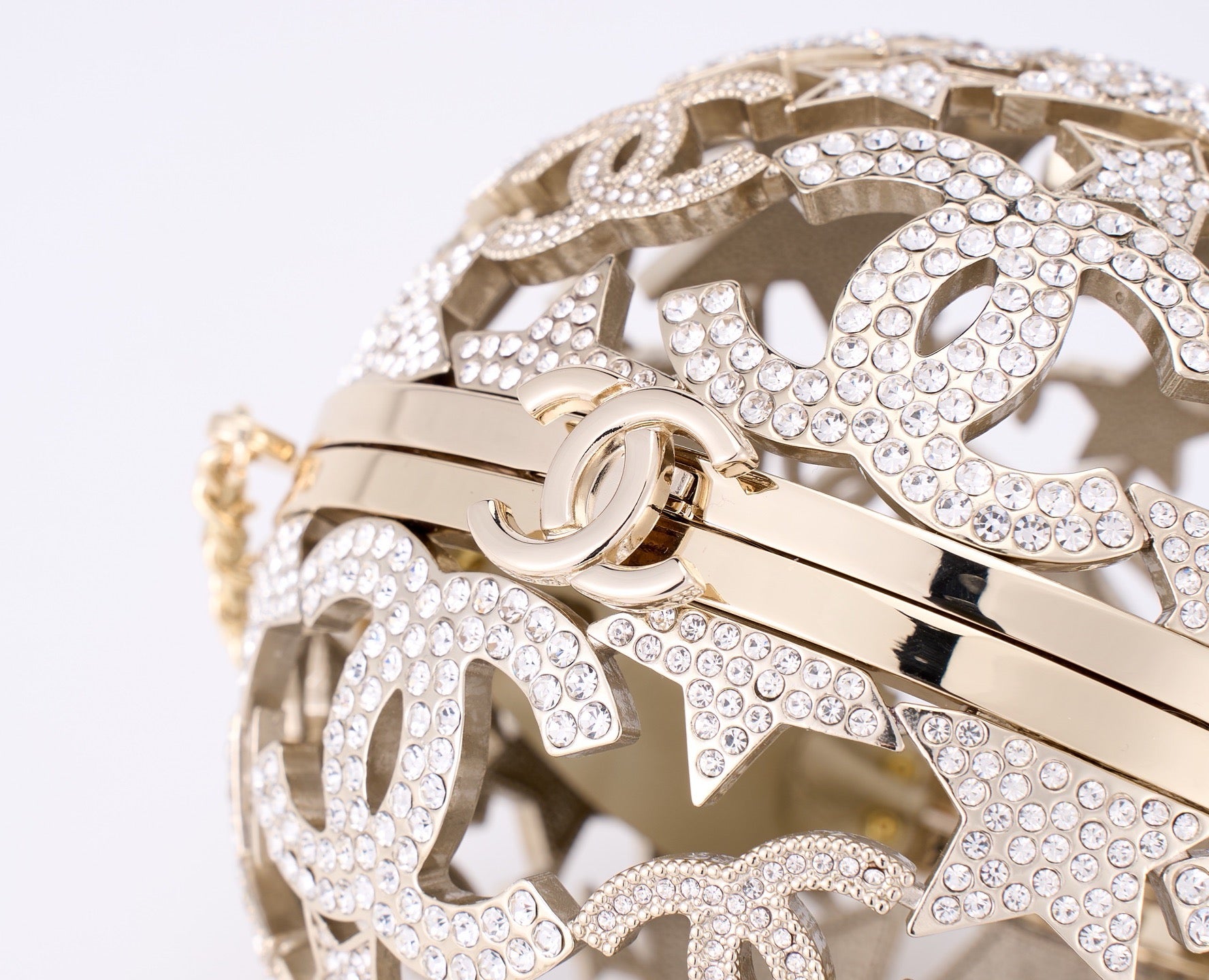 CHANEL - Gold Metal Strass Crystal Sphere Minaudiere Clutch Gold Hardware, 2025