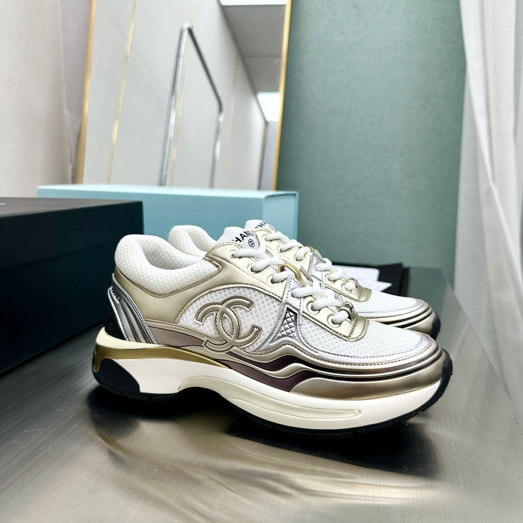 CHANEL - Fabric Laminated Calfskin Stretch CC Sneakers 38 White Gold Silver