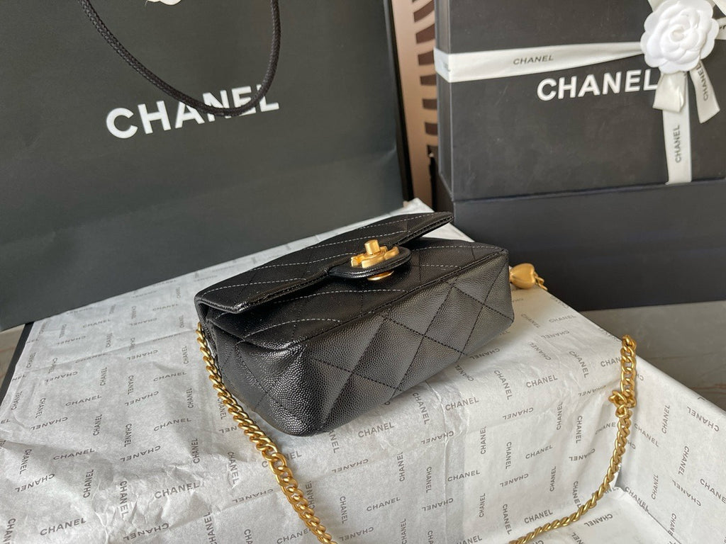 CHANE - Caviar Quilted mini Sweetheart Rectangular Flap Black