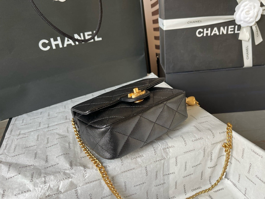 CHANE - Caviar Quilted mini Sweetheart Rectangular Flap Black