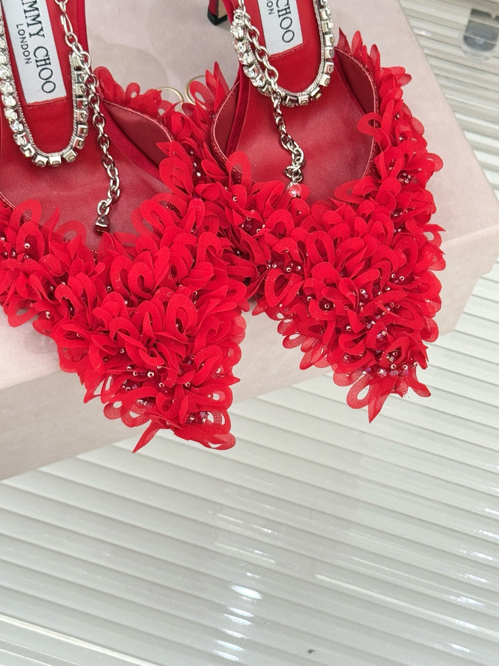 JIMMY CHOO - Mesh Pumps with Petal Embroidery and Crystal Chain