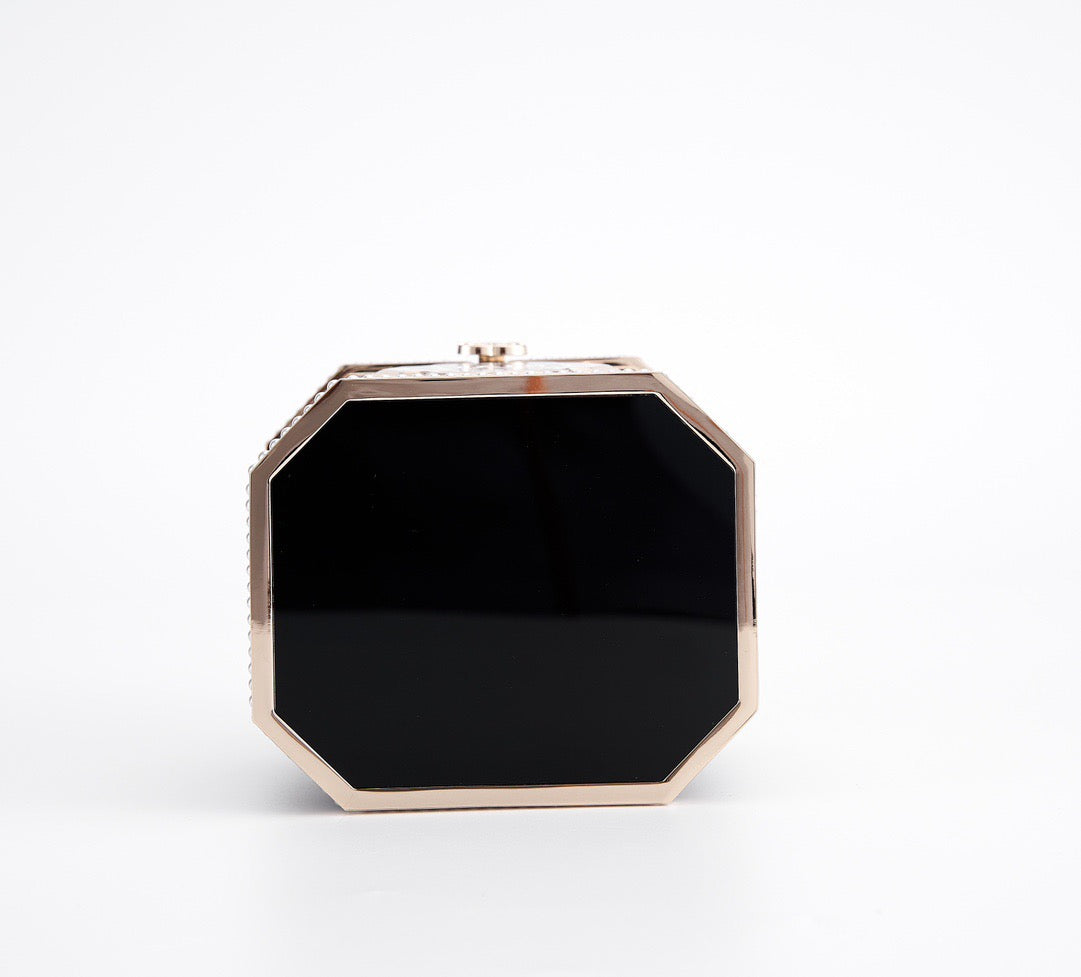 CHANEL - Limited Edition Black Quilted Resin Tea Box Minaudiere Imitation Pearl and Gold Hardware, 2024