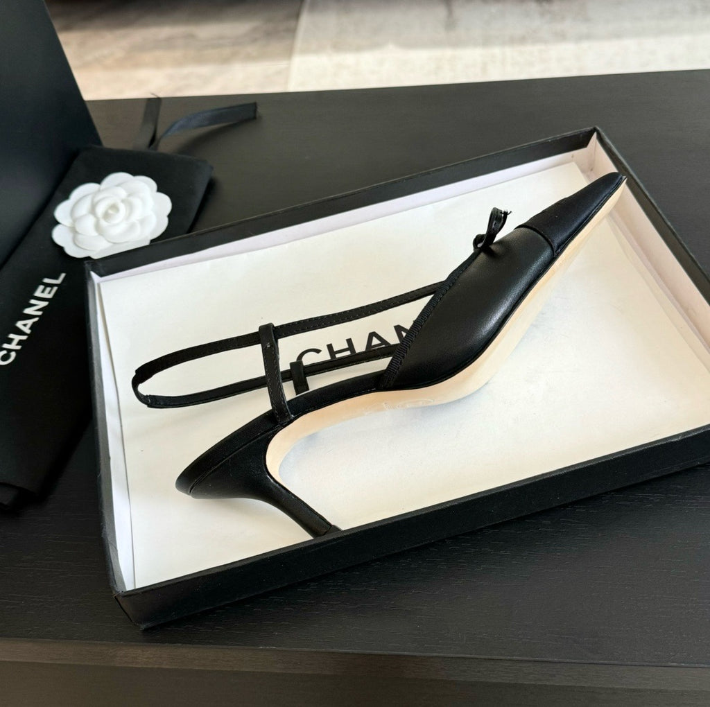 CHANEL - Vintage Iconic "CC"  Black Toe Cap Slingback Heels