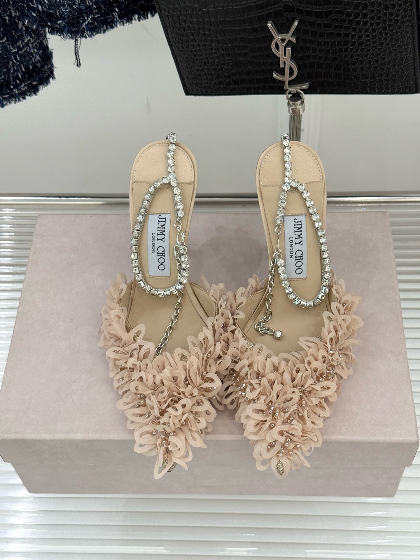 JIMMY CHOO - Mesh Pumps with Petal Embroidery and Crystal Chain