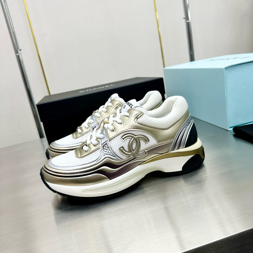 CHANEL - Fabric Laminated Calfskin Stretch CC Sneakers 38 White Gold Silver