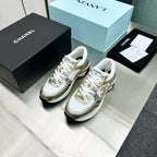 CHANEL - Fabric Laminated Calfskin Stretch CC Sneakers 38 White Gold Silver