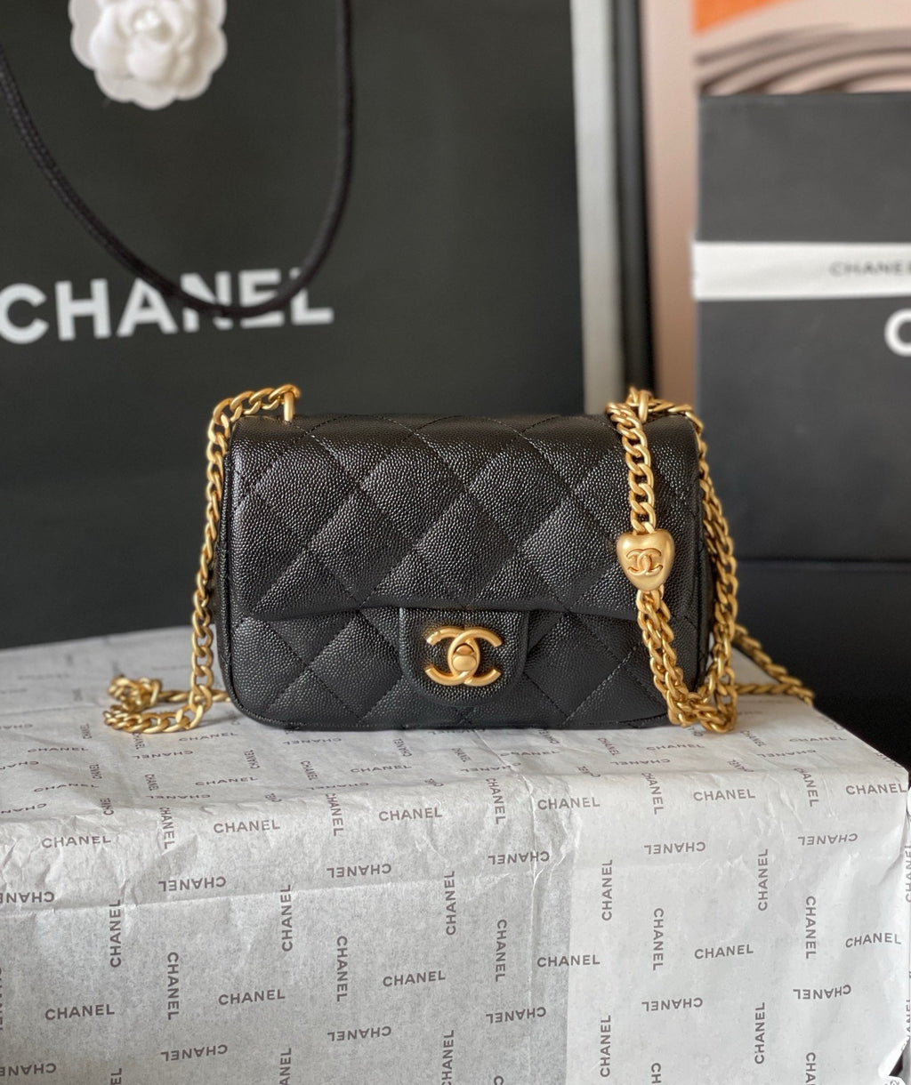 CHANE - Caviar Quilted Sweetheart Rectangular Flap Black
