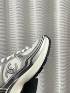 CHANEL - Fabric Laminated Calfskin Stretch CC Sneakers 38 White Silver