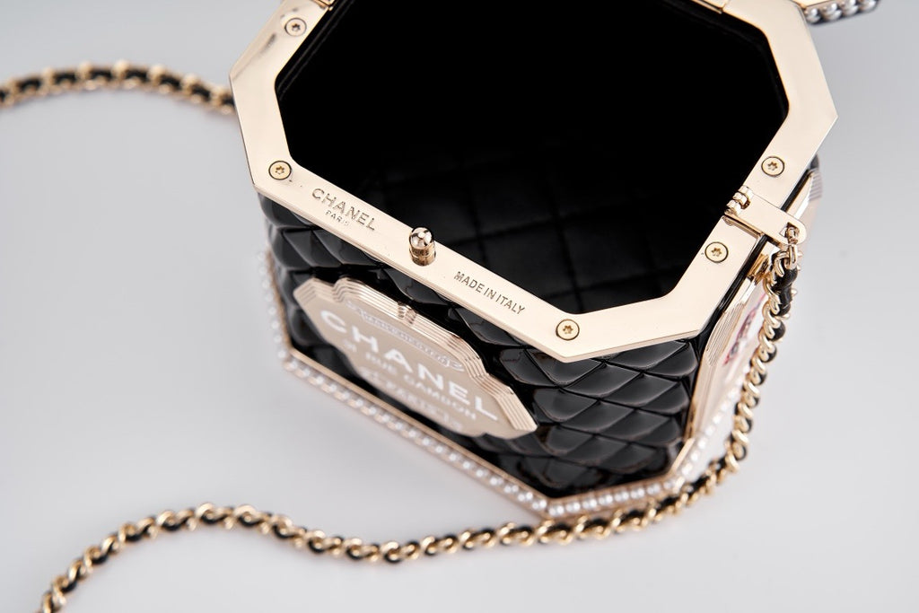 CHANEL - Limited Edition Black Quilted Resin Tea Box Minaudiere Imitation Pearl and Gold Hardware, 2024